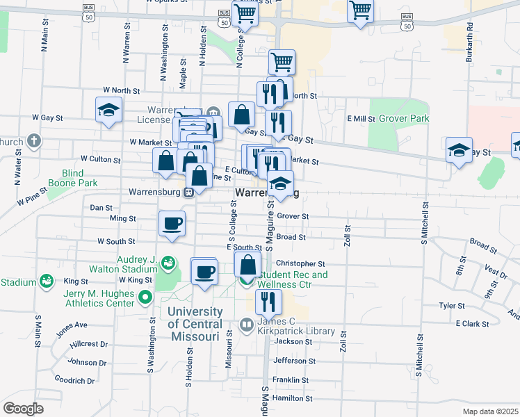 map of restaurants, bars, coffee shops, grocery stores, and more near 214 Grover Street in Warrensburg