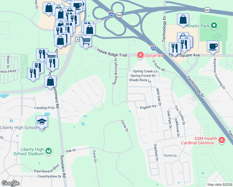 map of restaurants, bars, coffee shops, grocery stores, and more near 225 Spring Borough Drive in Dardenne Prairie