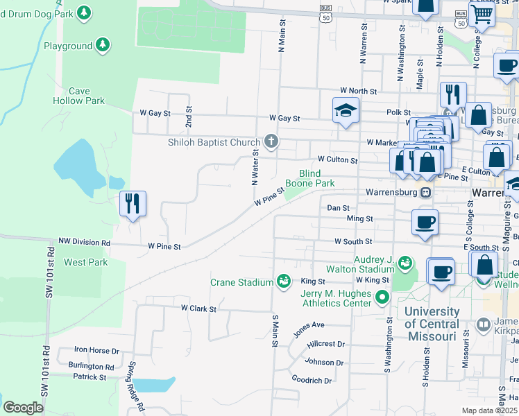 map of restaurants, bars, coffee shops, grocery stores, and more near 500 West Pine Street in Warrensburg