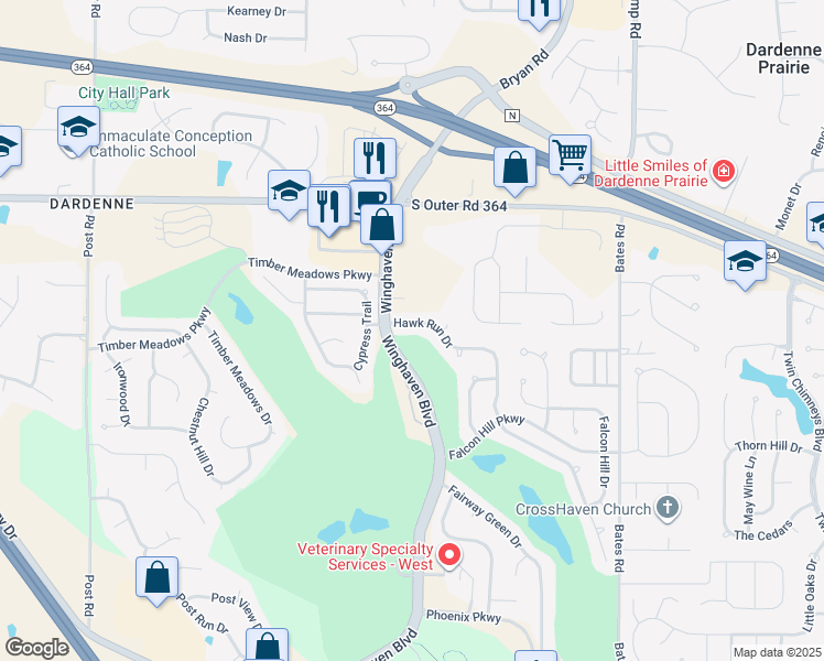 map of restaurants, bars, coffee shops, grocery stores, and more near 606 Hawk Run Drive in O'Fallon
