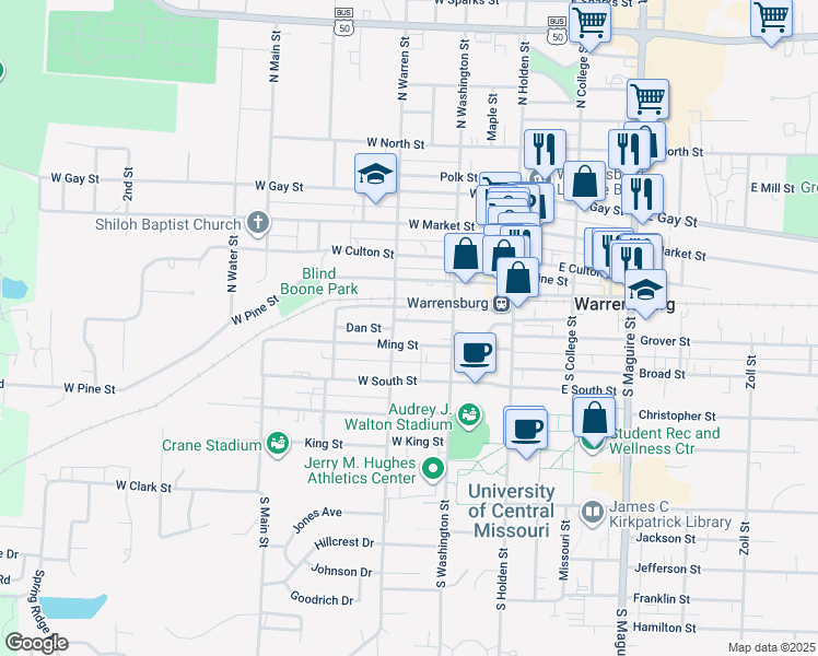 map of restaurants, bars, coffee shops, grocery stores, and more near 218 Madison Avenue in Warrensburg
