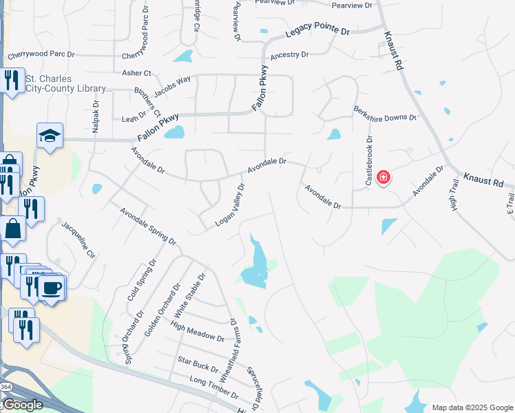 map of restaurants, bars, coffee shops, grocery stores, and more near 83 Lac Terre Drive in Saint Charles