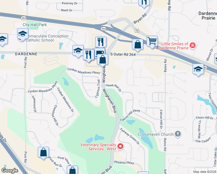 map of restaurants, bars, coffee shops, grocery stores, and more near 606 Hawk Run Drive in O'Fallon