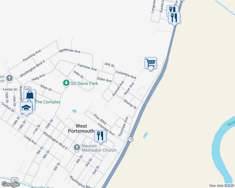 map of restaurants, bars, coffee shops, grocery stores, and more near 2048 Rose Avenue in West Portsmouth