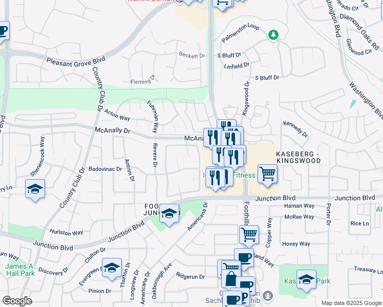 map of restaurants, bars, coffee shops, grocery stores, and more near 1305 Plymouth Court in Roseville