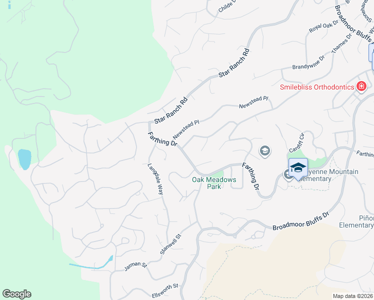 map of restaurants, bars, coffee shops, grocery stores, and more near 4840 Farthing Drive in Colorado Springs