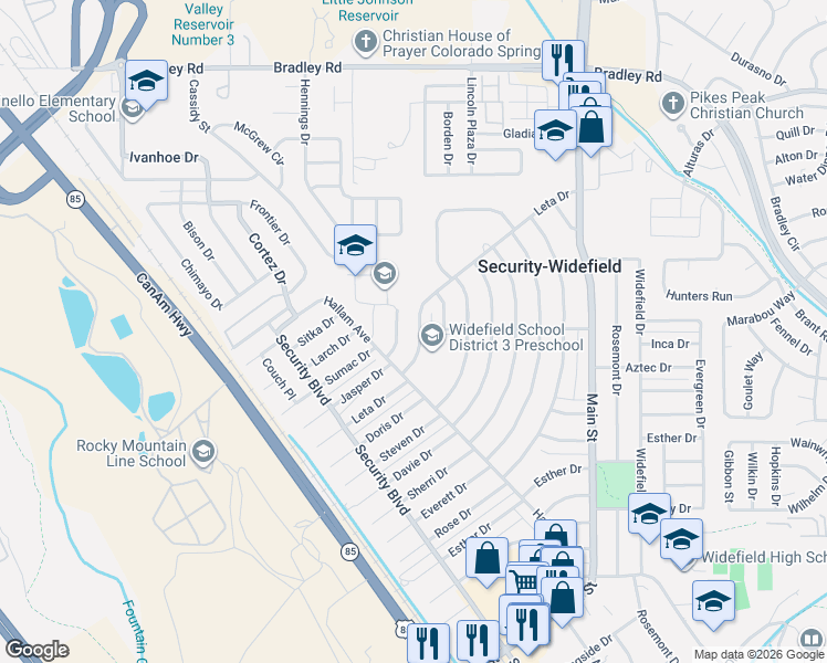 map of restaurants, bars, coffee shops, grocery stores, and more near 209 Leta Drive in Colorado Springs