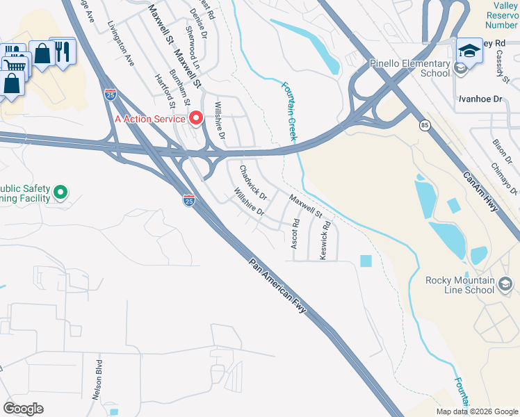 map of restaurants, bars, coffee shops, grocery stores, and more near 3202 Cliveden Heights in Colorado Springs