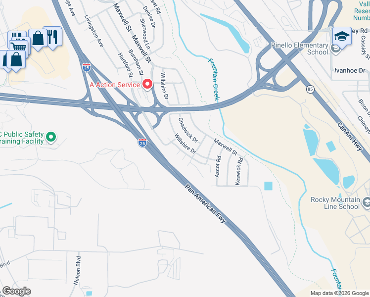 map of restaurants, bars, coffee shops, grocery stores, and more near 3202 Cliveden Heights in Colorado Springs