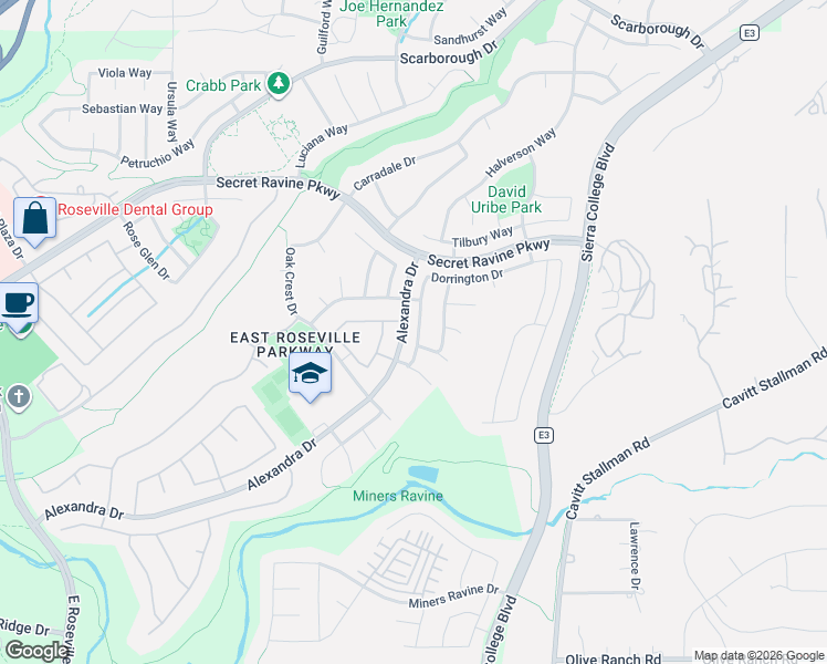map of restaurants, bars, coffee shops, grocery stores, and more near 2801 Alexandra Drive in Roseville