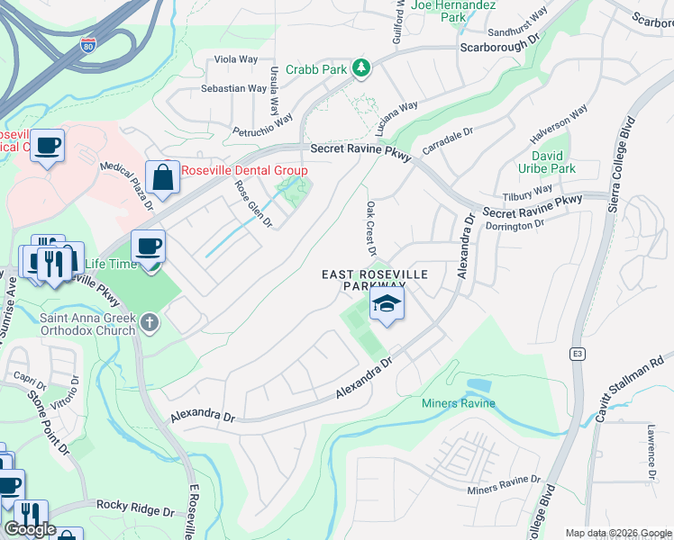 map of restaurants, bars, coffee shops, grocery stores, and more near 201 Snowy Egret Court in Roseville