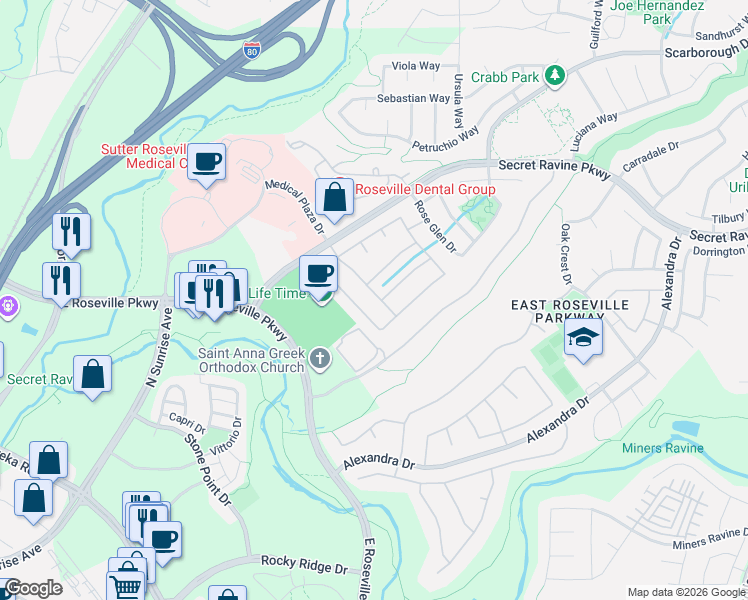 map of restaurants, bars, coffee shops, grocery stores, and more near 1512 Falcon Pointe Lane in Roseville