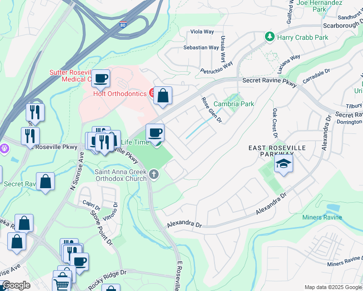 map of restaurants, bars, coffee shops, grocery stores, and more near 1512 Falcon Pointe Lane in Roseville
