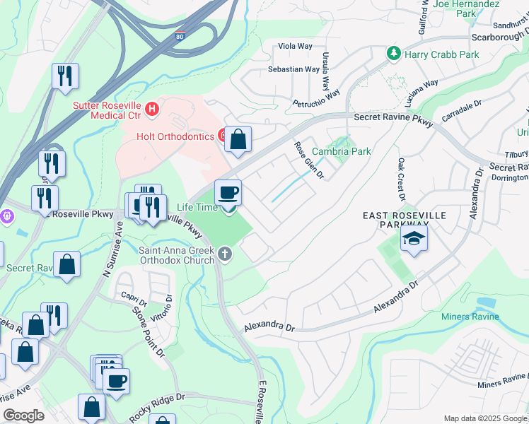 map of restaurants, bars, coffee shops, grocery stores, and more near 1512 Falcon Pointe Lane in Roseville