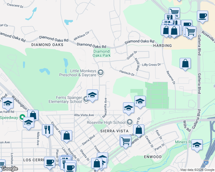 map of restaurants, bars, coffee shops, grocery stores, and more near 640 Nugget Court in Roseville