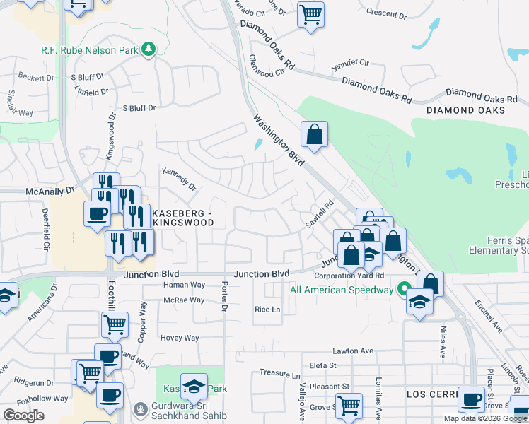 map of restaurants, bars, coffee shops, grocery stores, and more near 104 Rider Court in Roseville