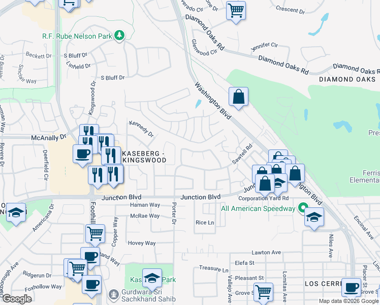 map of restaurants, bars, coffee shops, grocery stores, and more near 350 Sawtell Road in Roseville
