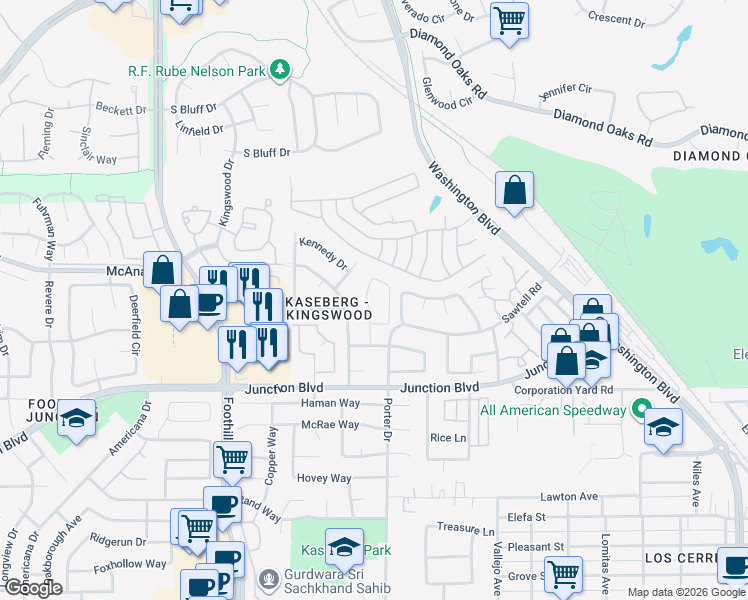 map of restaurants, bars, coffee shops, grocery stores, and more near 1310 Harrison Drive in Roseville