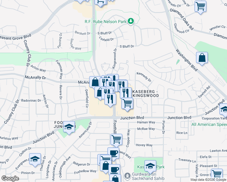 map of restaurants, bars, coffee shops, grocery stores, and more near 5121 Foothills Boulevard in Roseville