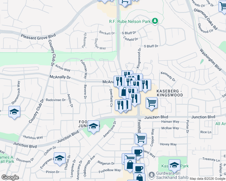 map of restaurants, bars, coffee shops, grocery stores, and more near 1437 Deerfield Circle in Roseville