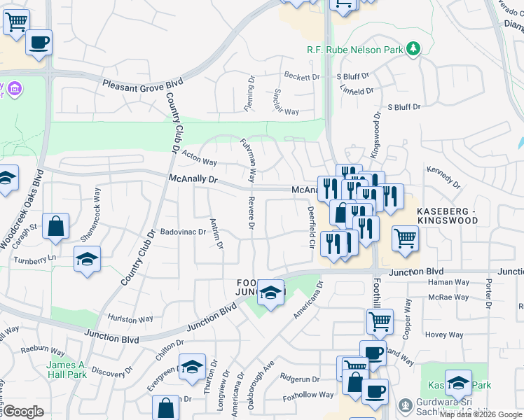 map of restaurants, bars, coffee shops, grocery stores, and more near 1488 Deerfield Circle in Roseville