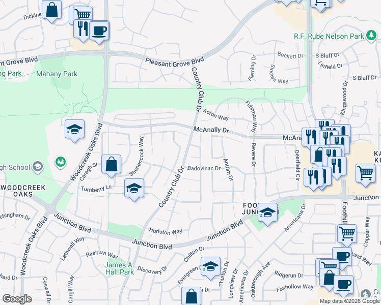 map of restaurants, bars, coffee shops, grocery stores, and more near 507 Bromley Court in Roseville