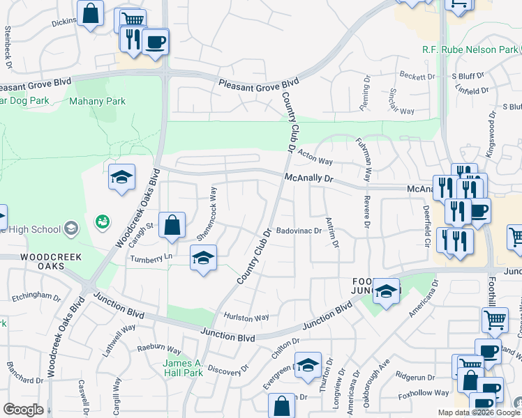 map of restaurants, bars, coffee shops, grocery stores, and more near 1023 Wailea Way in Roseville