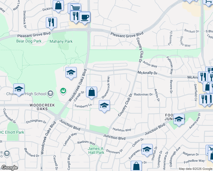 map of restaurants, bars, coffee shops, grocery stores, and more near 1043 Shenencock Way in Roseville