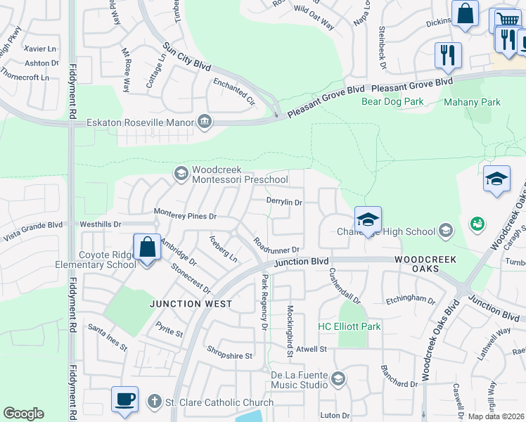 map of restaurants, bars, coffee shops, grocery stores, and more near 232 Pepper Tree Court in Roseville