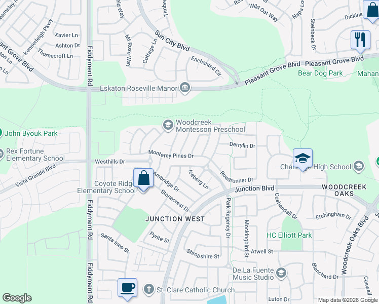 map of restaurants, bars, coffee shops, grocery stores, and more near 1732 Hiawatha Drive in Roseville