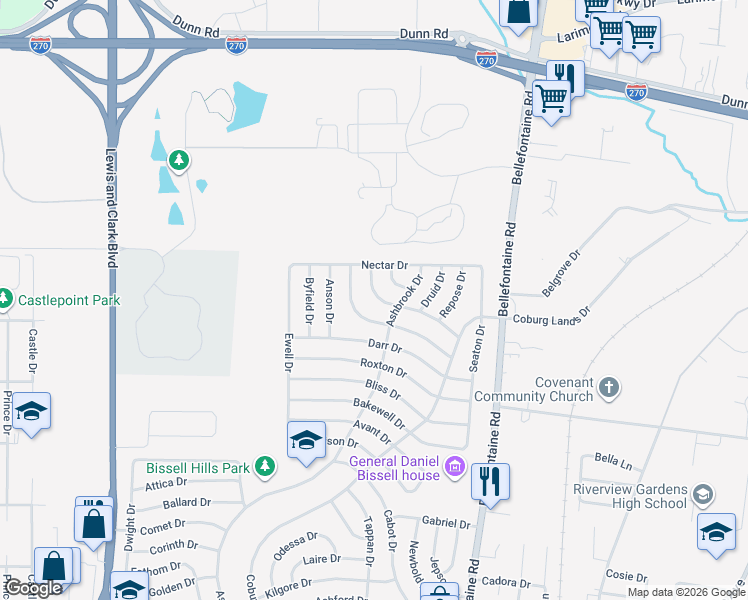 map of restaurants, bars, coffee shops, grocery stores, and more near 1218 Hoyt Drive in St. Louis