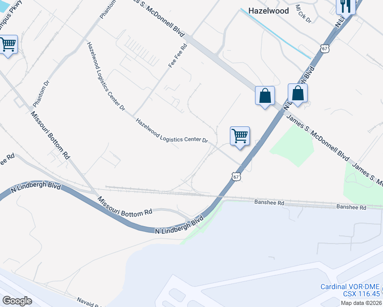 map of restaurants, bars, coffee shops, grocery stores, and more near 372 Hazelwood Logistics Center Drive in Hazelwood
