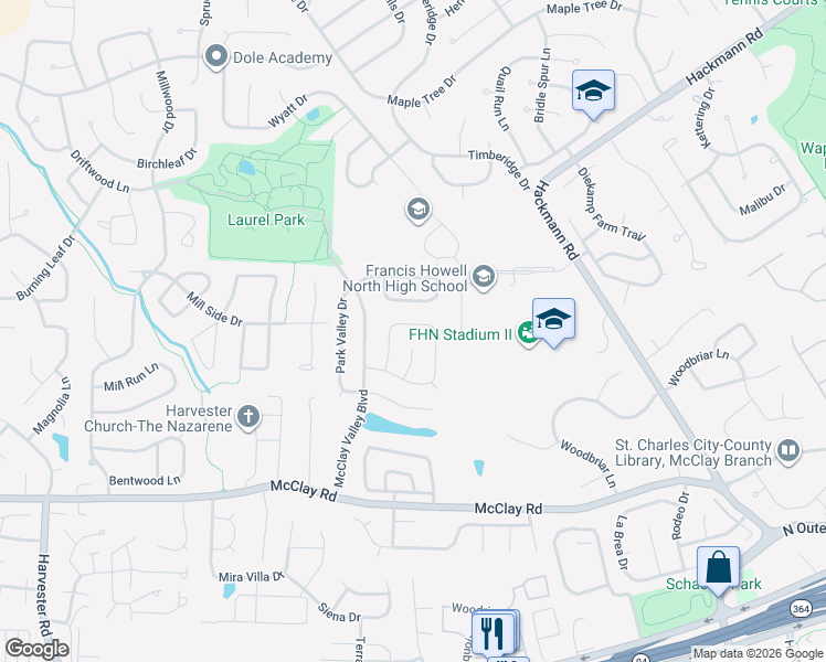 map of restaurants, bars, coffee shops, grocery stores, and more near 3033 Valley Vista Drive North in St. Peters