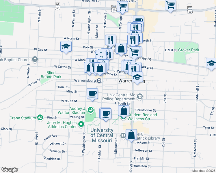 map of restaurants, bars, coffee shops, grocery stores, and more near 108 Grover Street in Warrensburg