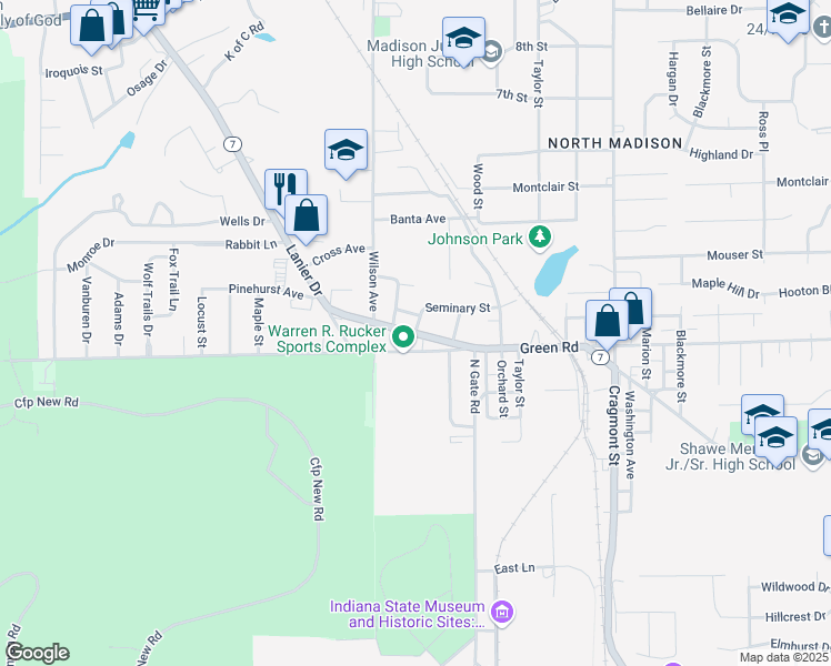 map of restaurants, bars, coffee shops, grocery stores, and more near 800 Lanier Drive in Madison