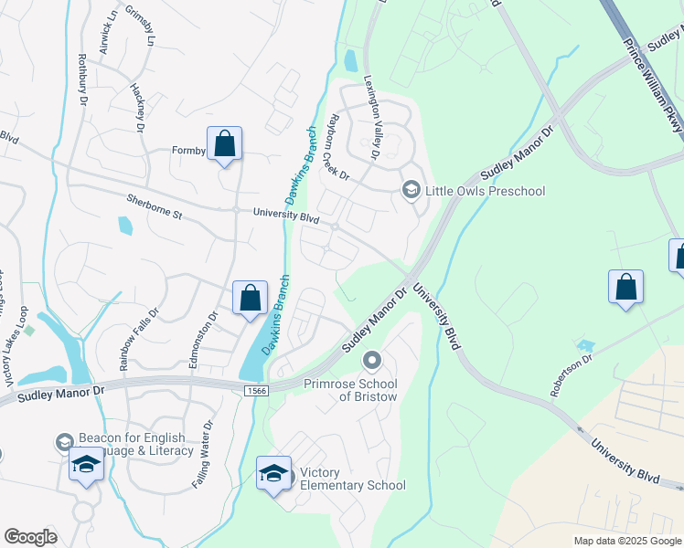 map of restaurants, bars, coffee shops, grocery stores, and more near 8975 Brewer Creek Place in Manassas