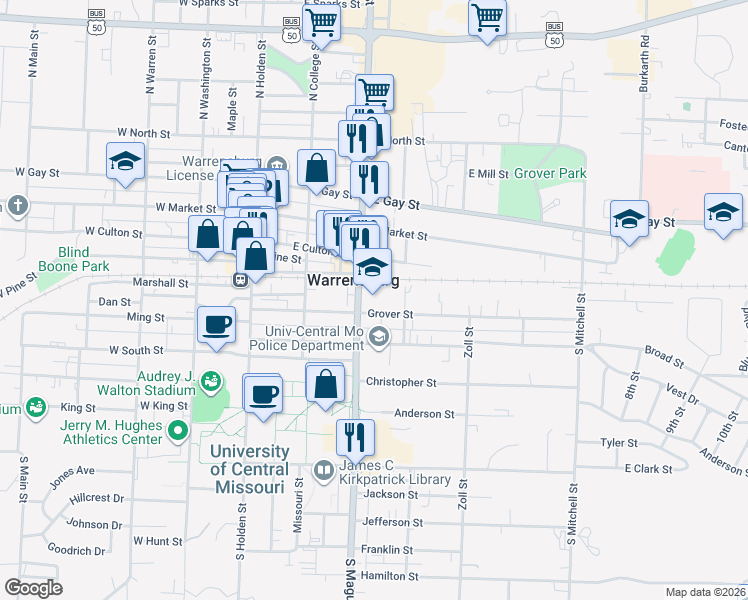 map of restaurants, bars, coffee shops, grocery stores, and more near 105 South Maguire Street in Warrensburg