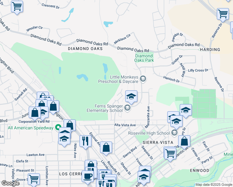 map of restaurants, bars, coffee shops, grocery stores, and more near 291 Castlewood Circle in Roseville