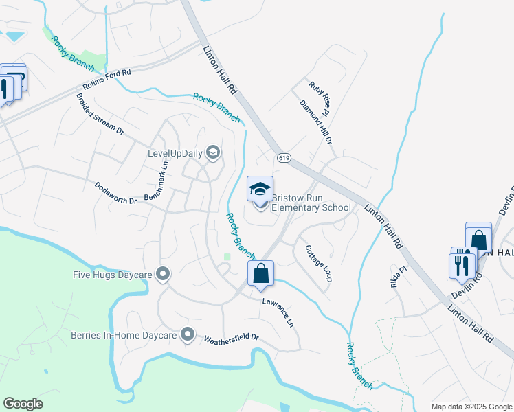 map of restaurants, bars, coffee shops, grocery stores, and more near 8990 Worthington Drive in Bristow