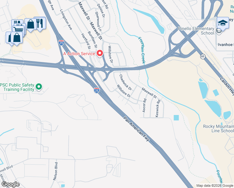 map of restaurants, bars, coffee shops, grocery stores, and more near 3107 Cliveden Heights in Colorado Springs