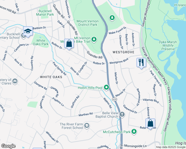 map of restaurants, bars, coffee shops, grocery stores, and more near 1929 Shiver Drive in Alexandria