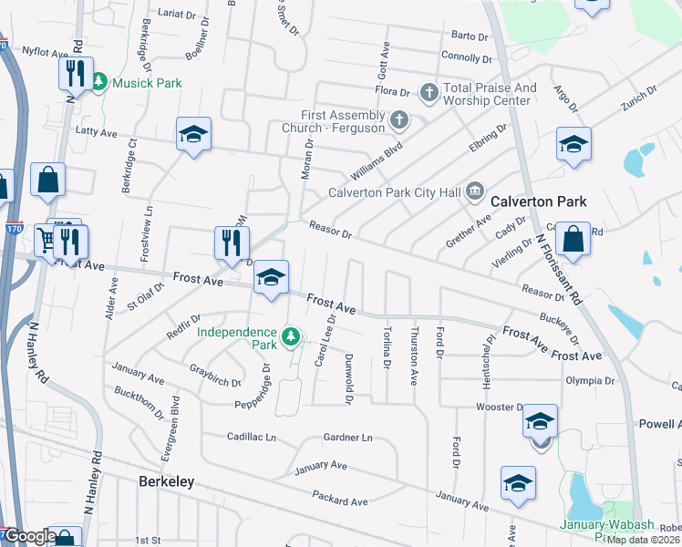 map of restaurants, bars, coffee shops, grocery stores, and more near 6810 Georgeland Avenue in St. Louis