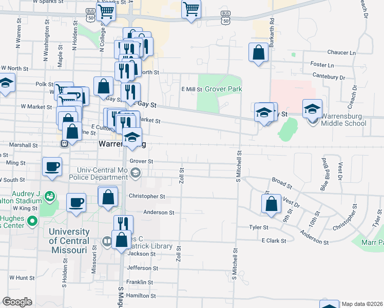 map of restaurants, bars, coffee shops, grocery stores, and more near 506 Grover Street in Warrensburg