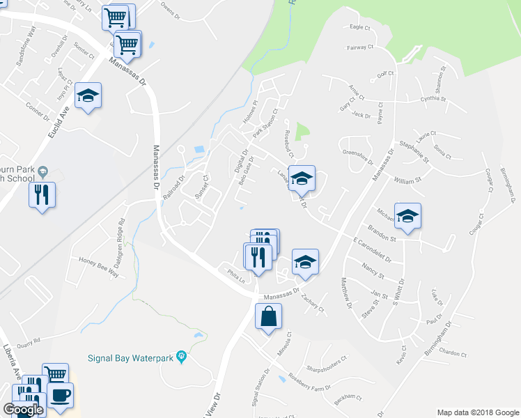 map of restaurants, bars, coffee shops, grocery stores, and more near 9253 Kristy Drive in Manassas