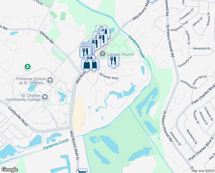 map of restaurants, bars, coffee shops, grocery stores, and more near 116 Vistalago Place in St. Peters