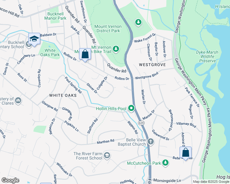 map of restaurants, bars, coffee shops, grocery stores, and more near 1929 Shiver Drive in Alexandria