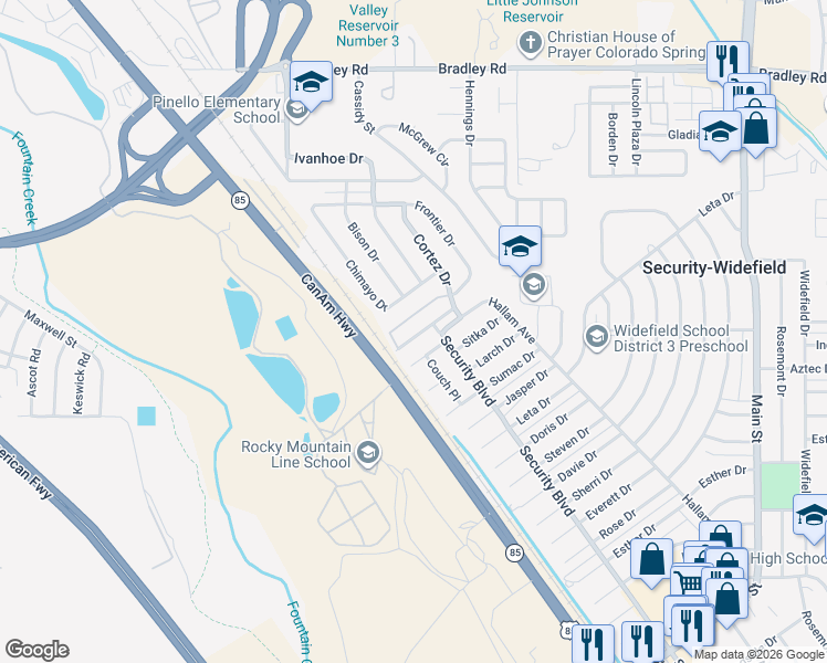 map of restaurants, bars, coffee shops, grocery stores, and more near 4015 Silver Star Grove in Colorado Springs