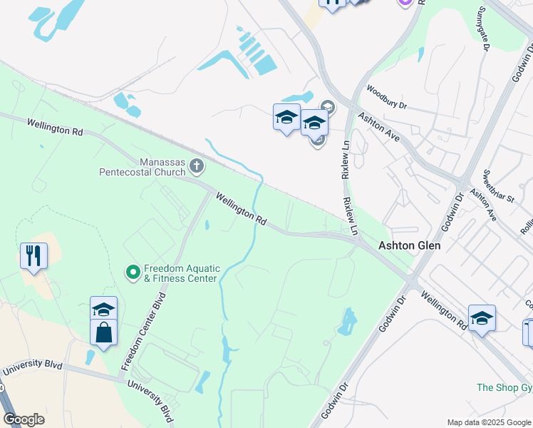map of restaurants, bars, coffee shops, grocery stores, and more near 8893 Wellington Road in Manassas