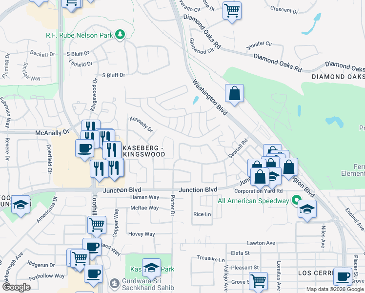 map of restaurants, bars, coffee shops, grocery stores, and more near 350 Sawtell Road in Roseville