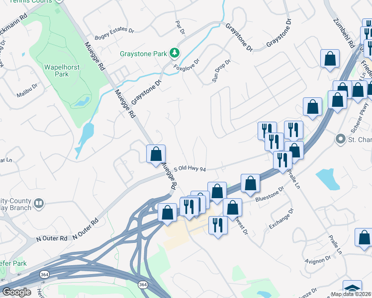 map of restaurants, bars, coffee shops, grocery stores, and more near 118 Diekamp Lane in Saint Charles